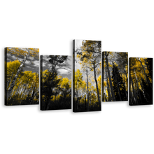 Load image into Gallery viewer, Beautiful Trees Canvas Print, Cloudy Dark Sky Landscape Multiple Canvas, Black &amp; Yellow Forest Scenery 5 Piece Wall Art
