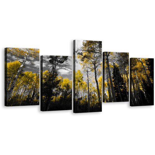 Beautiful Trees Canvas Print, Cloudy Dark Sky Landscape Multiple Canvas, Black & Yellow Forest Scenery 5 Piece Wall Art