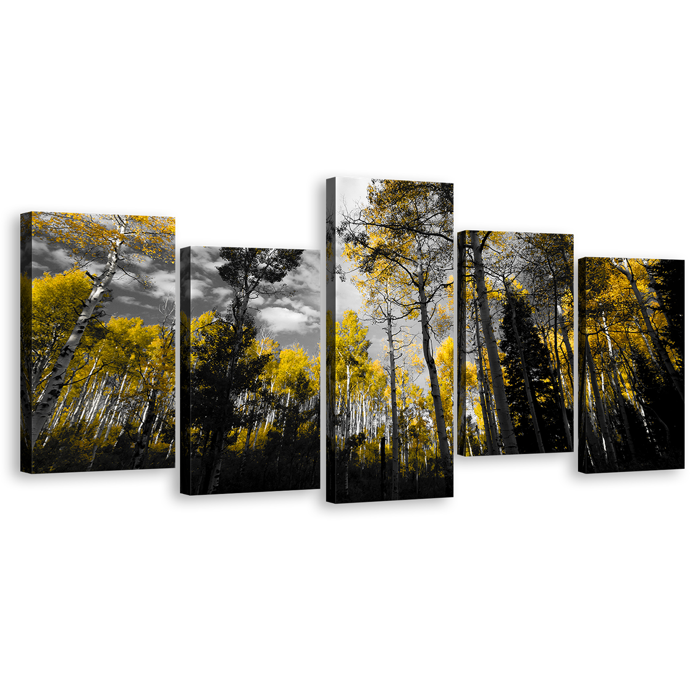 Beautiful Trees Canvas Print, Cloudy Dark Sky Landscape Multiple Canvas, Black & Yellow Forest Scenery 5 Piece Wall Art