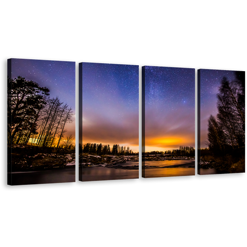 Beautiful Trees Canvas Print, Orange Sunset River Lake 4 Piece Canvas, Dramatic Blue Starry Sky Landscape Wall Art