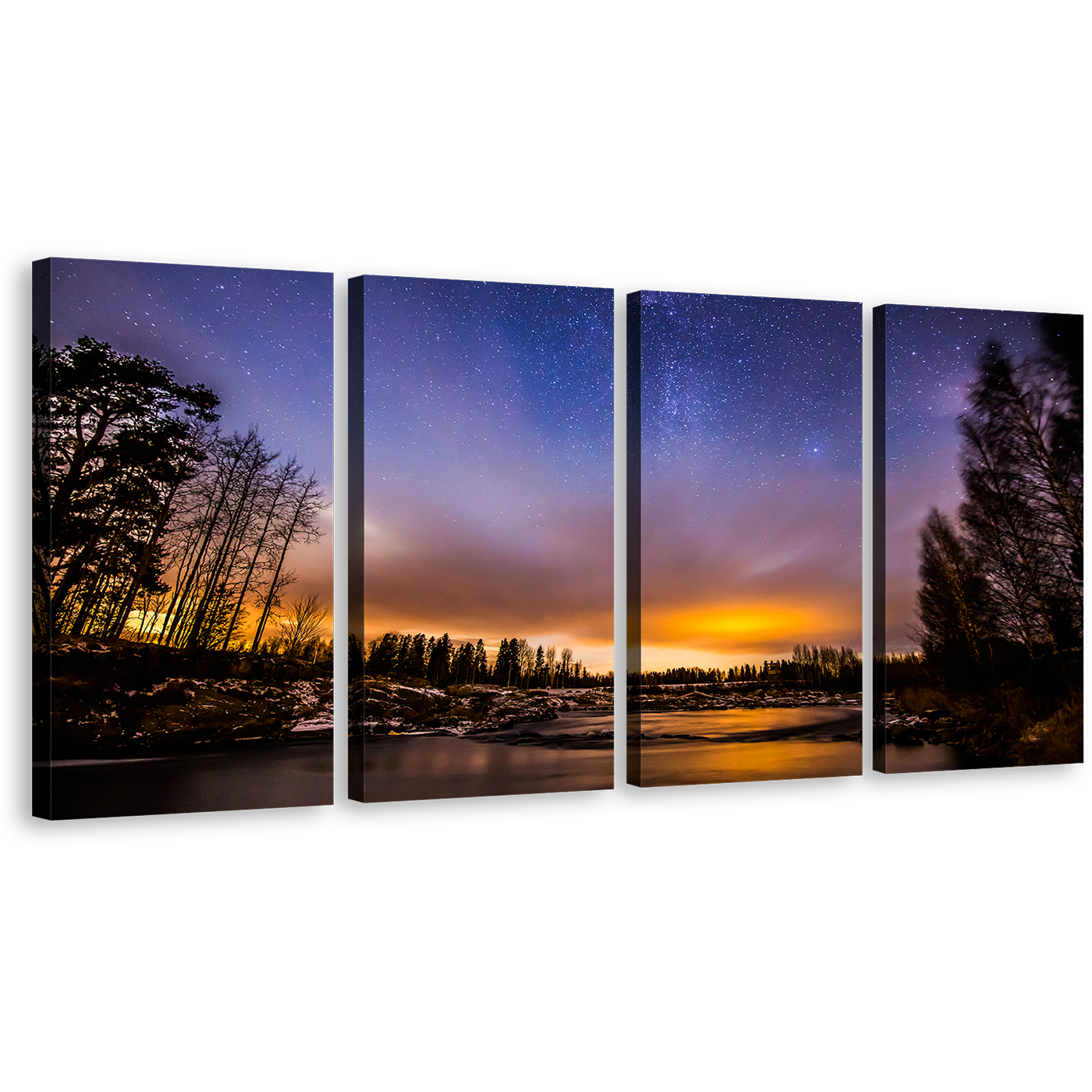 Beautiful Trees Canvas Print, Orange Sunset River Lake 4 Piece Canvas, Dramatic Blue Starry Sky Landscape Wall Art