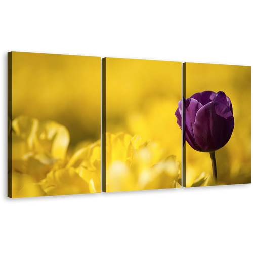 Beautiful Tulip Canvas Wall Art, Purple Tulip Flower Close Up 3 Piece Canvas Print, Yellow Fields Background Triptych Canvas Set