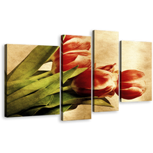 Load image into Gallery viewer, Beautiful Tulips Canvas Print, Red Vintage Flowers 4 Piece Wall Art, Green Leaves Floral Canvas Set
