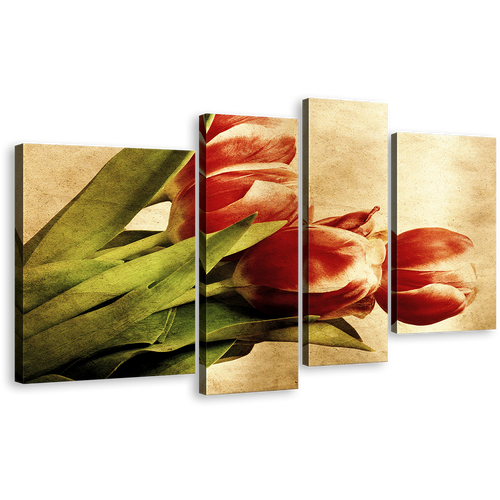 Beautiful Tulips Canvas Print, Red Vintage Flowers 4 Piece Wall Art, Green Leaves Floral Canvas Set