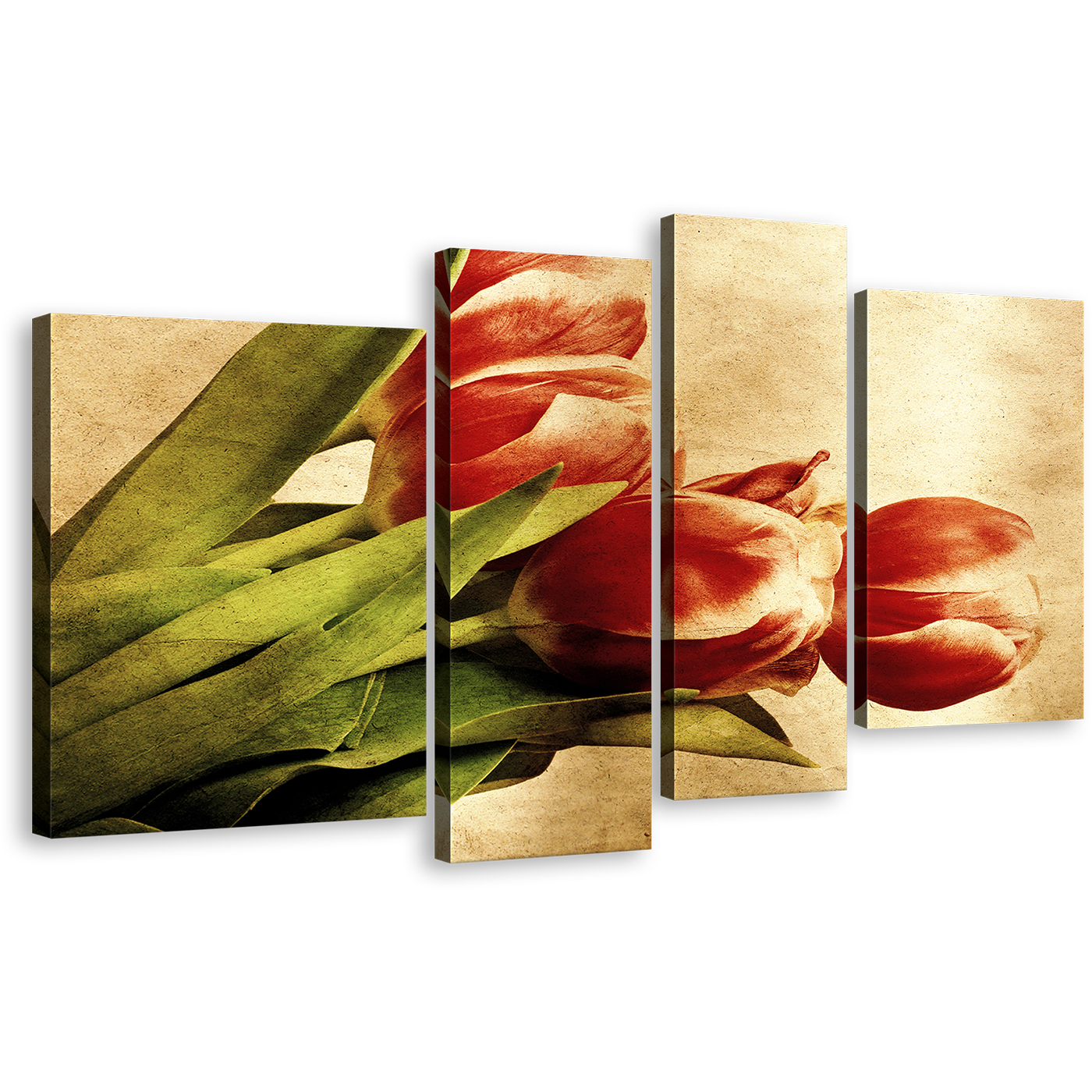 Beautiful Tulips Canvas Print, Red Vintage Flowers 4 Piece Wall Art, Green Leaves Floral Canvas Set