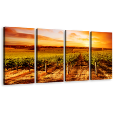 Load image into Gallery viewer, Beautiful Vineyard Canvas Print, Yellow Orange Sky Landscape Multi Canvas, Green Scenery 4 Piece Wall Art
