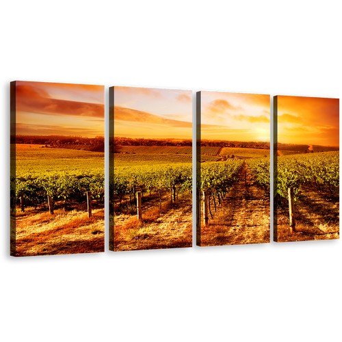 Beautiful Vineyard Canvas Print, Yellow Orange Sky Landscape Multi Canvas, Green Scenery 4 Piece Wall Art