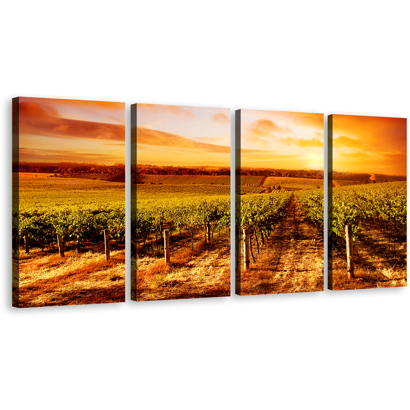 Beautiful Vineyard Canvas Print, Yellow Orange Sky Landscape Multi Canvas, Green Scenery 4 Piece Wall Art