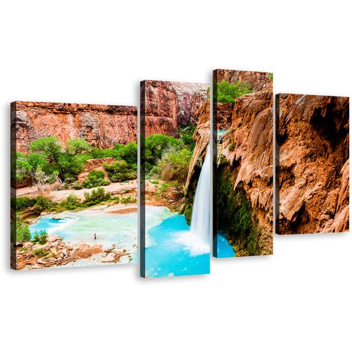 Beautiful Waterfall Canvas Print, Arizona Blue Havasu Waterfall 4 Piece Canvas Wall Art, Grand Canyon Brown Rock Waterfall Multiple Canvas