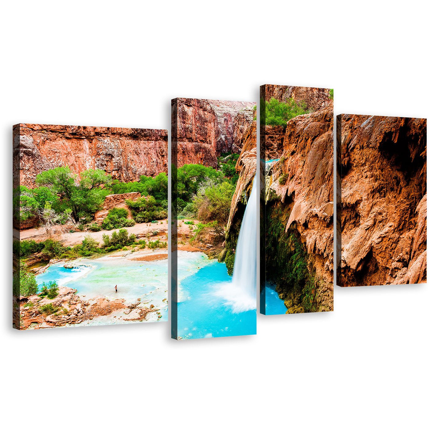 Beautiful Waterfall Canvas Print, Arizona Blue Havasu Waterfall 4 Piece Canvas Wall Art, Grand Canyon Brown Rock Waterfall Multiple Canvas