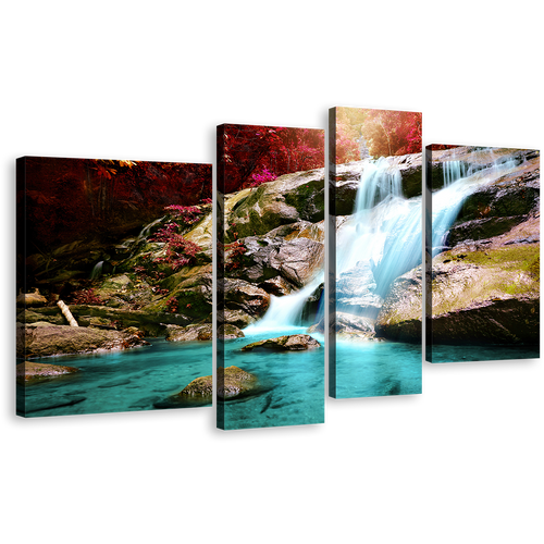 Beautiful Waterfall Canvas Wall Art, Amazing Red Autumn Forest Multiple Canvas, Blue Waterfall Scenery 4 Piece Canvas Print