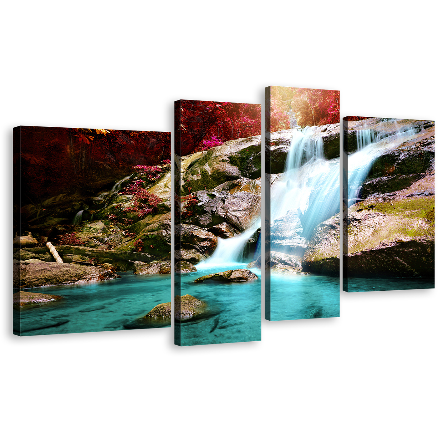 Beautiful Waterfall Canvas Wall Art, Amazing Red Autumn Forest Multiple Canvas, Blue Waterfall Scenery 4 Piece Canvas Print