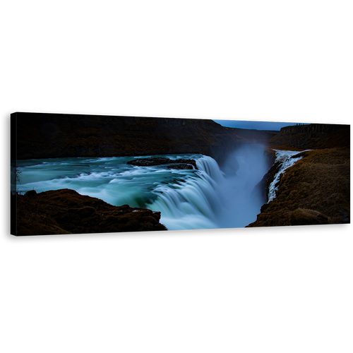 Beautiful Waterfall Canvas Wall Art, Blue Gullfoss Waterfall Iceland Canvas Artwork, Green Hvita River Panoramic Canvas Print