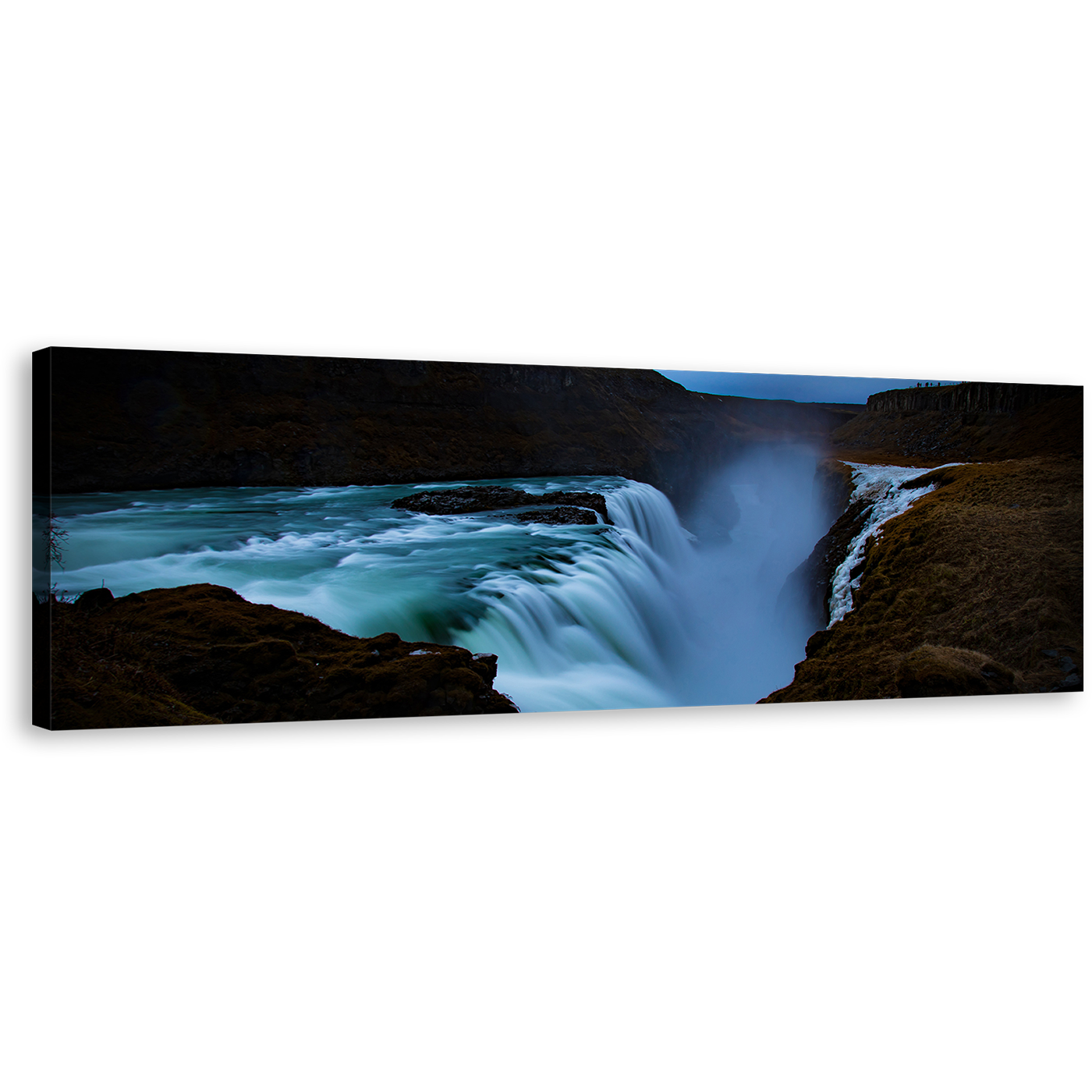 Beautiful Waterfall Canvas Wall Art, Blue Gullfoss Waterfall Iceland Canvas Artwork, Green Hvita River Panoramic Canvas Print