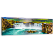 Load image into Gallery viewer, Beautiful Waterfall Canvas Wall Art, Colorful Godafoss Waterfall Iceland Canvas Print, Sea Green Skjalfandafljot River Waterfall Panoramic Canvas Artwork
