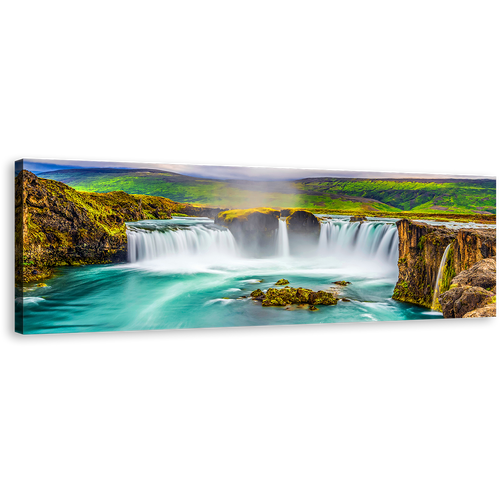 Beautiful Waterfall Canvas Wall Art, Colorful Godafoss Waterfall Iceland Canvas Print, Sea Green Skjalfandafljot River Waterfall Panoramic Canvas Artwork