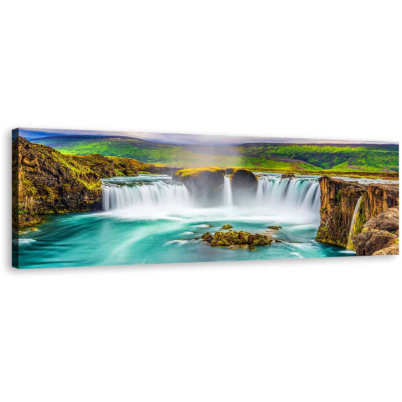 Beautiful Waterfall Canvas Wall Art, Colorful Godafoss Waterfall Iceland Canvas Print, Sea Green Skjalfandafljot River Waterfall Panoramic Canvas Artwork