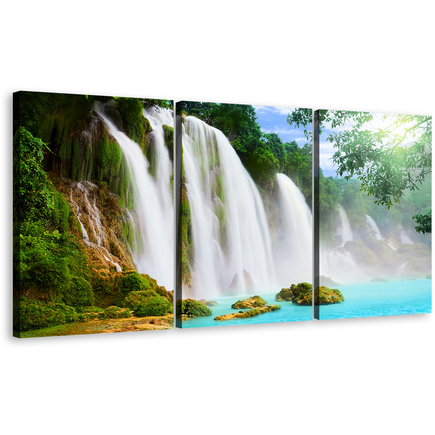 Beautiful Waterfall Canvas Wall Art, Green Trees Forest Waterfall 3 Piece Canvas Print, Amazing Blue Water Scenery Multiple Canvas