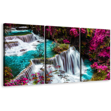 Load image into Gallery viewer, Beautiful Waterfall Canvas Wall Art, Kanchanabur Colorful Scenery Waterfall Multi Canvas, Thailand Huai Mae Khamin Canvas 3 Piece Canvas Set
