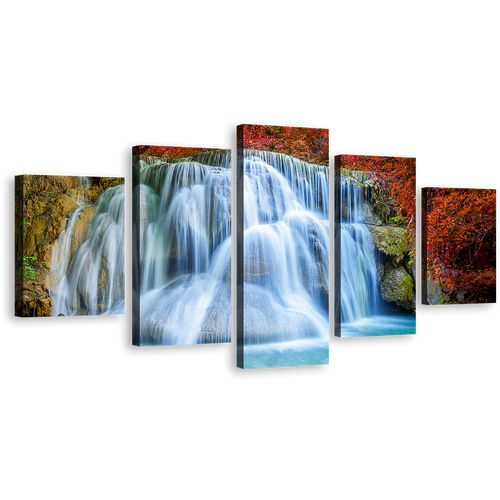 Beautiful Waterfall Canvas Wall Art, Kanchanaburi Colorful Scenery Waterfall 5 Piece Multi Canvas, Thailand Huai Mae Khamin Canvas Print