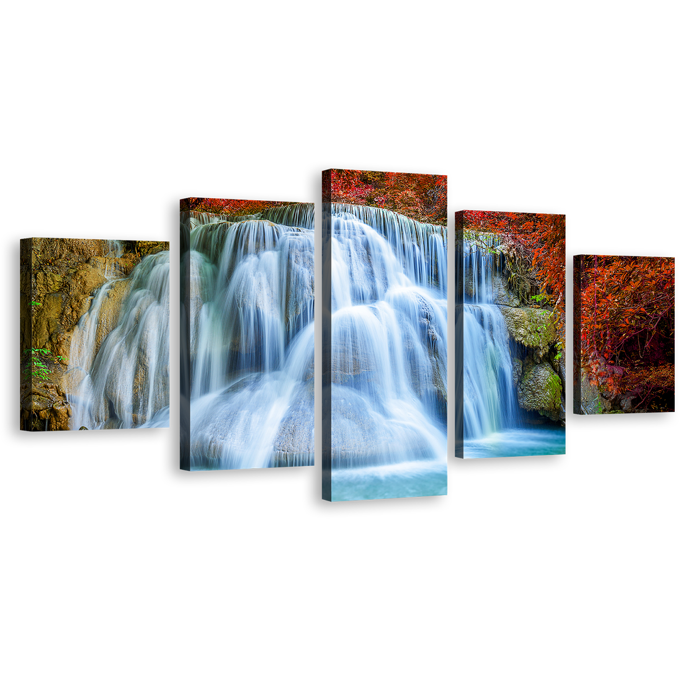 Beautiful Waterfall Canvas Wall Art, Kanchanaburi Colorful Scenery Waterfall 5 Piece Multi Canvas, Thailand Huai Mae Khamin Canvas Print