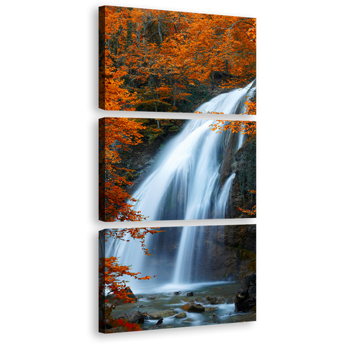 Beautiful Waterfall Canvas Wall Art, Orange Autumn Trees Waterfall Multiple Canvas, Fluid White Waterfall Forest Scenery 3 Piece Canvas Print