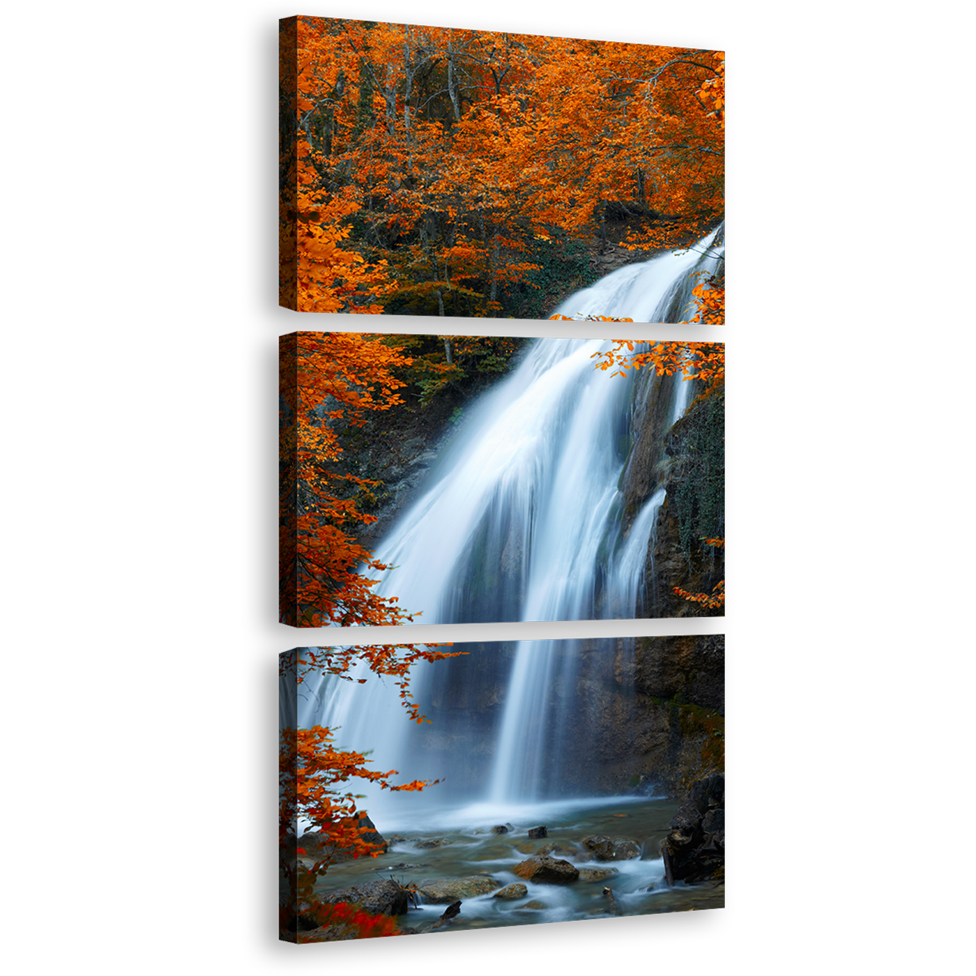 Beautiful Waterfall Canvas Wall Art, Orange Autumn Trees Waterfall Multiple Canvas, Fluid White Waterfall Forest Scenery 3 Piece Canvas Print