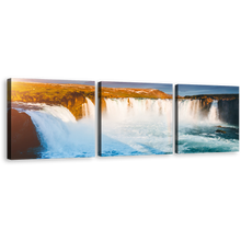 Load image into Gallery viewer, Beautiful Waterfall Canvas Wall Art, Yellow Godafoss Cascade Landscape Waterfall Canvas Print, Europe Blue Waterfall Bardardalur Valley 3 Piece Canvas Set
