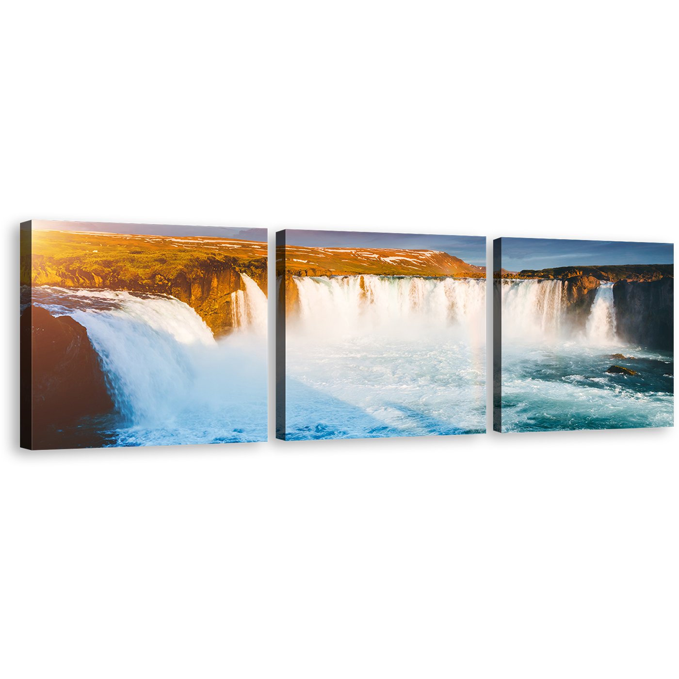 Beautiful Waterfall Canvas Wall Art, Yellow Godafoss Cascade Landscape Waterfall Canvas Print, Europe Blue Waterfall Bardardalur Valley 3 Piece Canvas Set