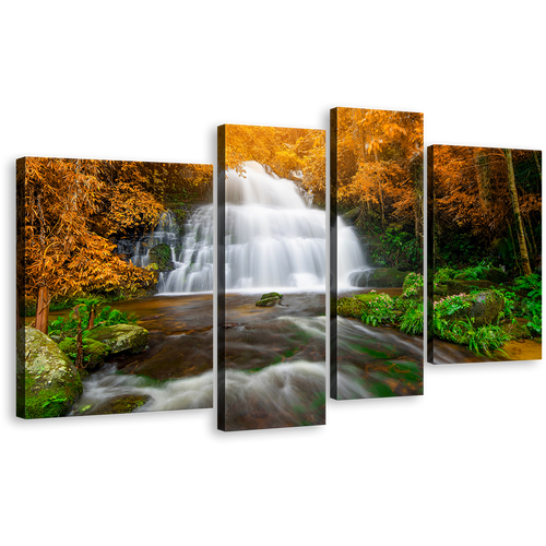 Beautiful Waterfall Wall Art, Orange Green Trees Forest 4 Piece Multi Canvas, White Waterfall Scenery Canvas Print