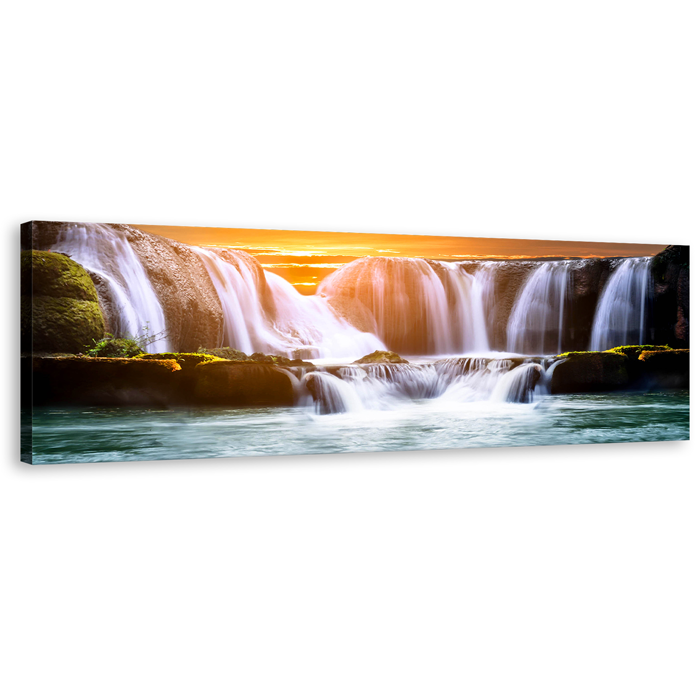 Beautiful Waterfalls Canvas Wall Art, Orange Sky Sunset Sea 1 Piece Canvas Print, White Landscape Nature Canvas Artwork