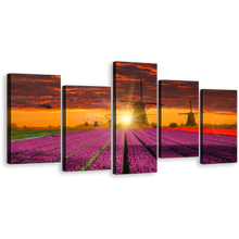 Load image into Gallery viewer, Beautiful Windmill Canvas Wall Art, Dramatic Orange Sunset Sky Windmill 5 Piece Canvas Print, Red Purple Tulips Field Multi Canvas Artwork, Holland Landscape Scenery Canvas Set
