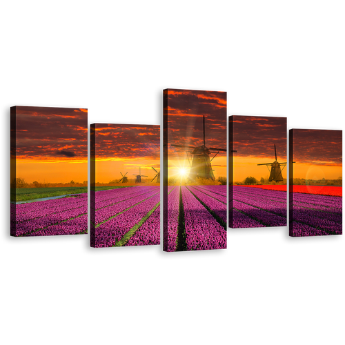 Beautiful Windmill Canvas Wall Art, Dramatic Orange Sunset Sky Windmill 5 Piece Canvas Print, Red Purple Tulips Field Multi Canvas Artwork, Holland Landscape Scenery Canvas Set