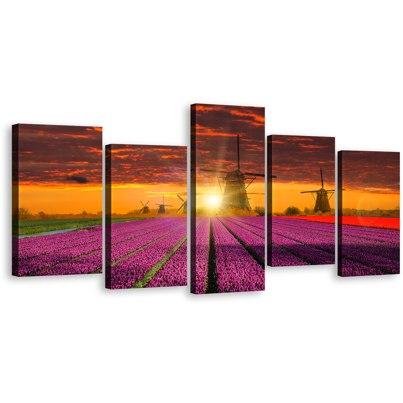 Beautiful Windmill Canvas Wall Art, Dramatic Orange Sunset Sky Windmill 5 Piece Canvas Print, Red Purple Tulips Field Multi Canvas Artwork, Holland Landscape Scenery Canvas Set