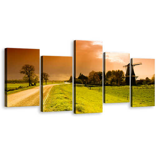 Beautiful Windmill Wall Art, Green Netherlands Field Scenery Canvas Multi-panel Print, Orange Sunset Windmill 5 Piece Canvas Set