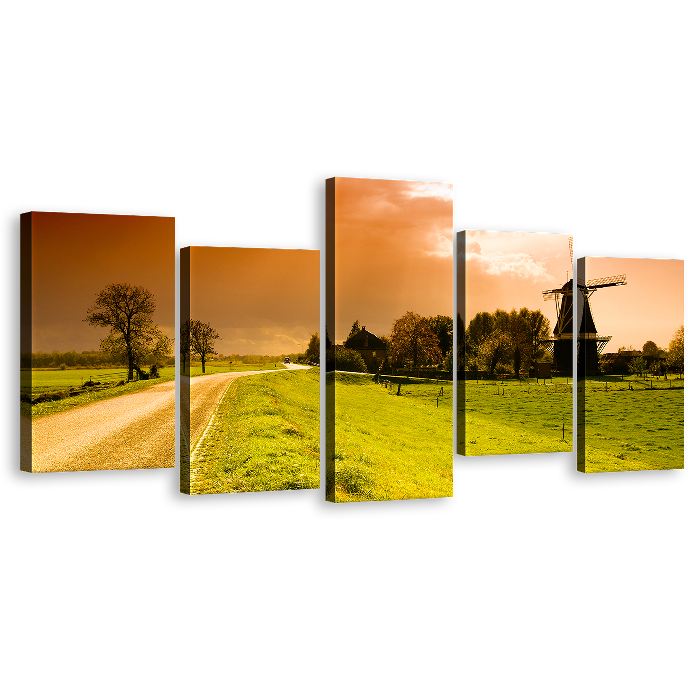 Beautiful Windmill Wall Art, Green Netherlands Field Scenery Canvas Multi-panel Print, Orange Sunset Windmill 5 Piece Canvas Set