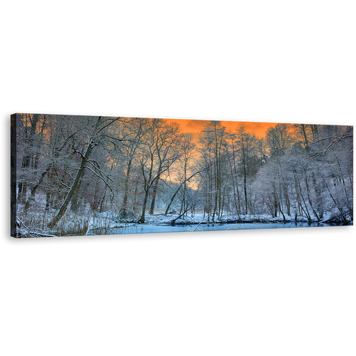 Beautifull Trees Wall Art, Orange Sunset Sky Panoramic Canvas Print, White Winter Forest Trees Canvas Artwork