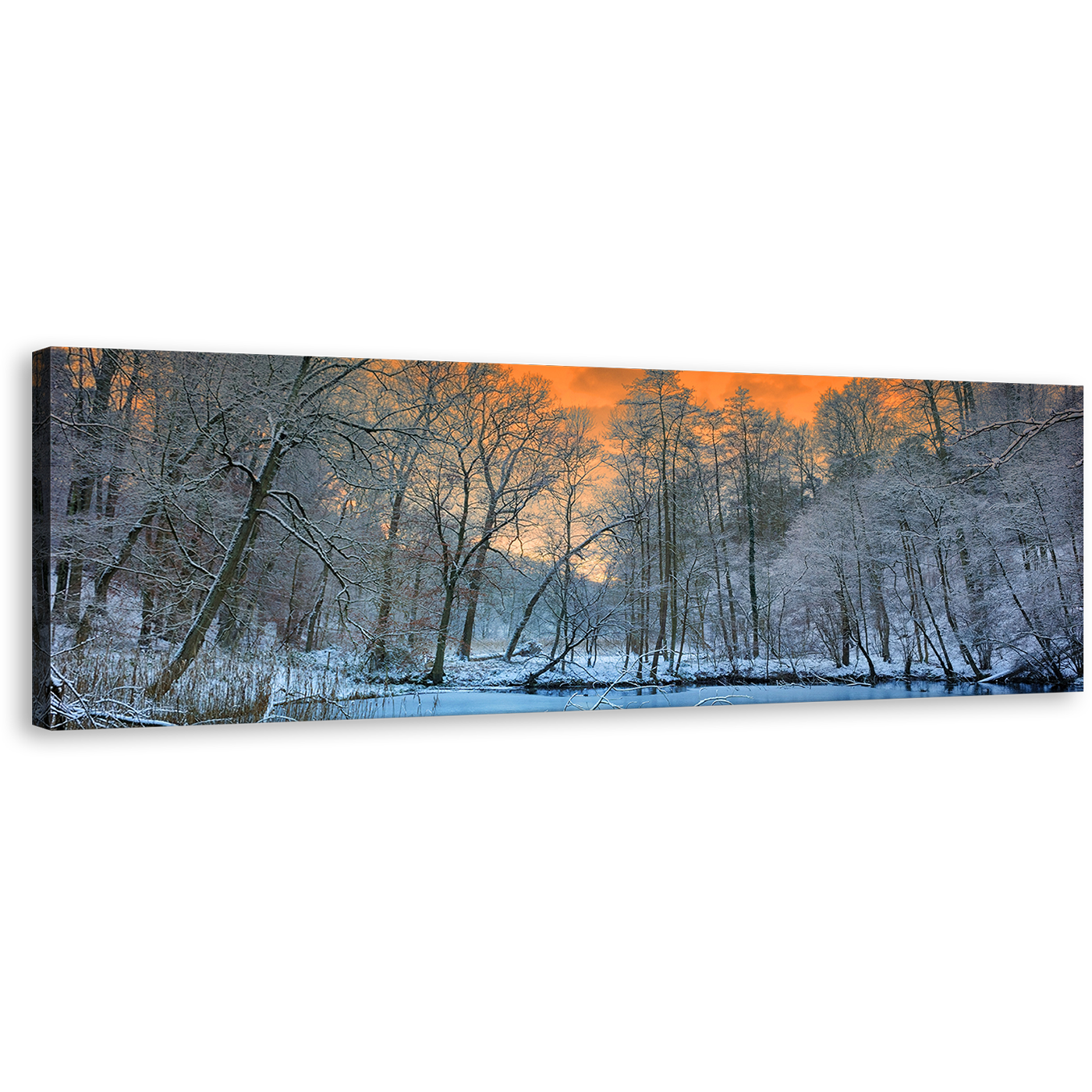 Beautifull Trees Wall Art, Orange Sunset Sky Panoramic Canvas Print, White Winter Forest Trees Canvas Artwork