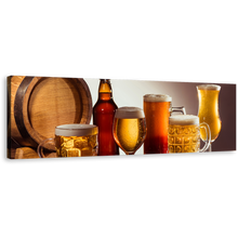 Load image into Gallery viewer, Beer Barrel Canvas Wall Art, Beer on Brown Wooden Table Canvas Print, Yellow Orange Beer Glasses 1 Piece Canvas
