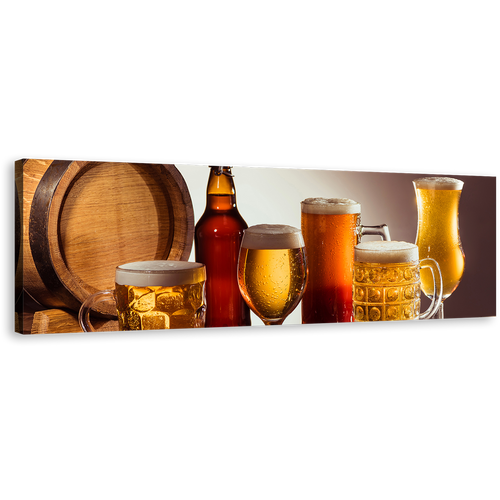 Beer Barrel Canvas Wall Art, Beer on Brown Wooden Table Canvas Print, Yellow Orange Beer Glasses 1 Piece Canvas