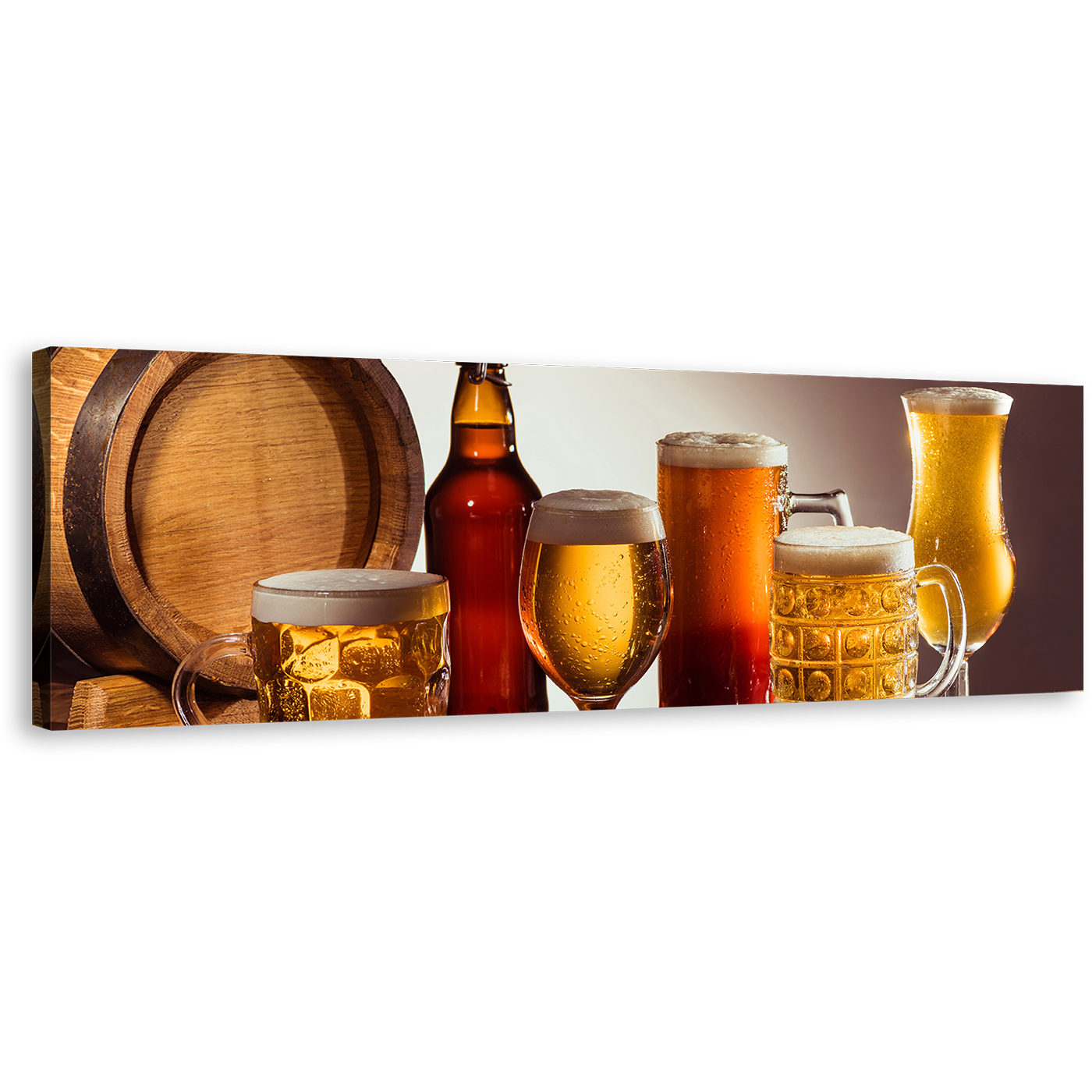 Beer Barrel Canvas Wall Art, Beer on Brown Wooden Table Canvas Print, Yellow Orange Beer Glasses 1 Piece Canvas