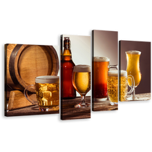 Load image into Gallery viewer, Beer Bottles Canvas Print, Yellow Orange Beer Glasses 4 Piece Canvas Wall Art, Brown Beer Barrel Canvas Set
