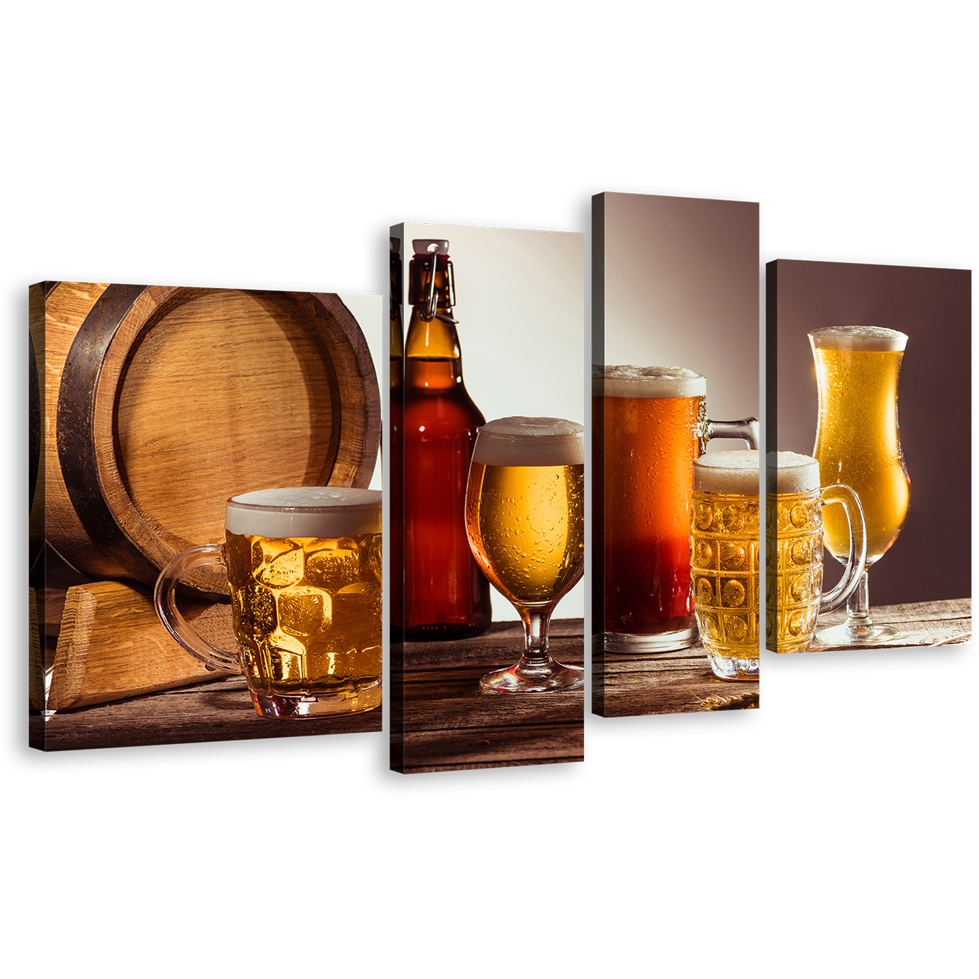 Beer Bottles Canvas Print, Yellow Orange Beer Glasses 4 Piece Canvas Wall Art, Brown Beer Barrel Canvas Set