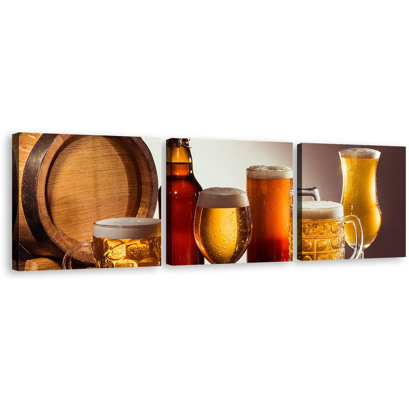 Beer Glasses Canvas Wall Art, Brown Beer Barrel Multi Canvas Artwork, Yellow Beer on Wooden Table 3 Piece Canvas Print