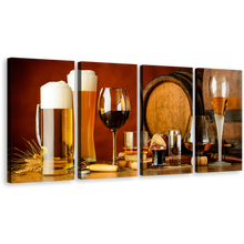 Load image into Gallery viewer, Beer Glasses Canvas Wall Art, Orange Cocktail Glasses 4 Piece Multi Canvas, Brown Beer Barrels Canvas Print
