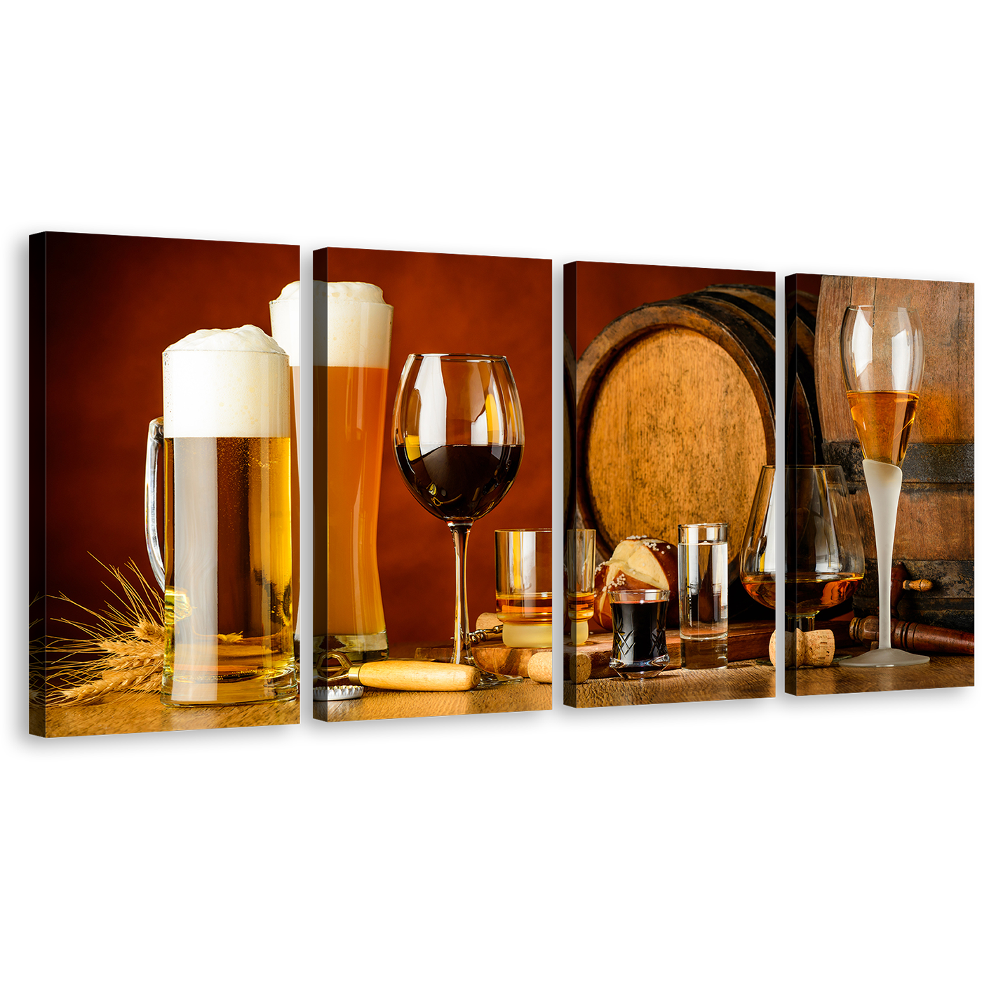 Beer Glasses Canvas Wall Art, Orange Cocktail Glasses 4 Piece Multi Canvas, Brown Beer Barrels Canvas Print