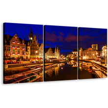 Load image into Gallery viewer, Belgium Canals Wall Art, Gold Ghent Harbors City Reflection Multi Canvas, Graslei Belgium Blue Cloudy Sky 3 Piece Canvas Print
