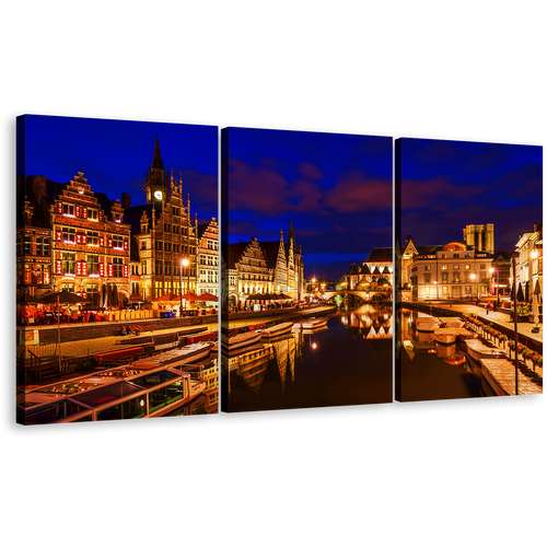 Belgium Canals Wall Art, Gold Ghent Harbors City Reflection Multi Canvas, Graslei Belgium Blue Cloudy Sky 3 Piece Canvas Print