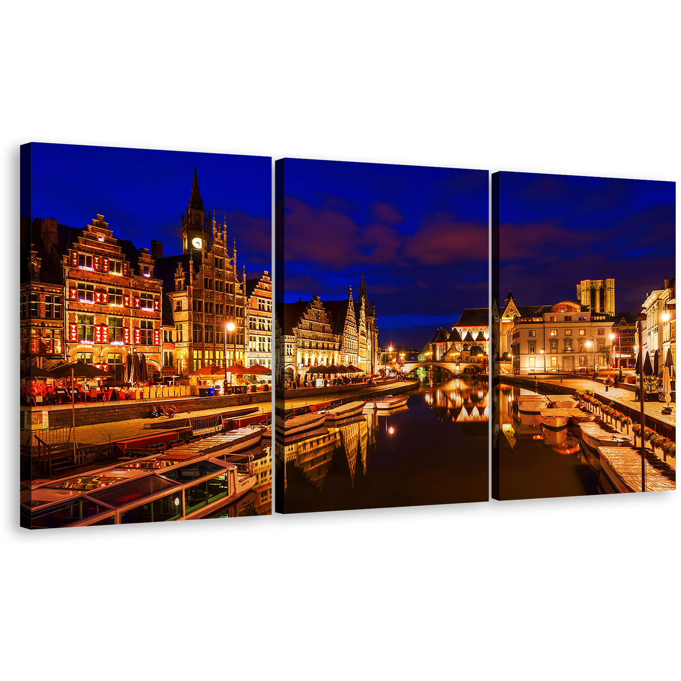 Belgium Canals Wall Art, Gold Ghent Harbors City Reflection Multi Canvas, Graslei Belgium Blue Cloudy Sky 3 Piece Canvas Print