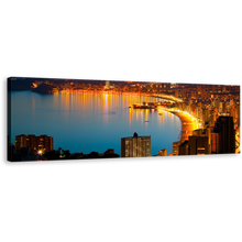 Load image into Gallery viewer, Benidorm Beach Canvas Print, Blue Night City Beach Wall Art, Beautiful Yellow Illuminated Coastline Panoramic Canvas
